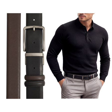 Pasek męski do spodni skórzany dwustronny czarny brązowy klamra obrotowa