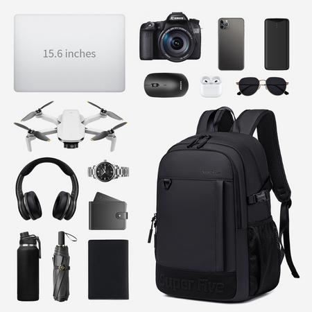 Czarny plecak miejski wodoodporny, 18 l, na laptop 15,6", do pracy, studiów i podróży. SUPER FIVE FB696 Black