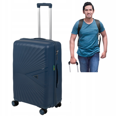 Walizka podróżna średnia ciemnoniebieska elegancka walizka na kółkach funkcjonalna 65L Wowbag 7905 M dark blue