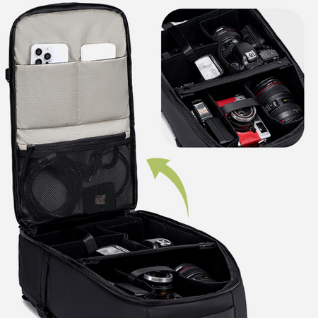 Czarny plecak fotograficzny, 21 l, na sprzęt foto, laptopa i tablet, wodoodporny, podróżny. SUPER FIVE FB721 Black.