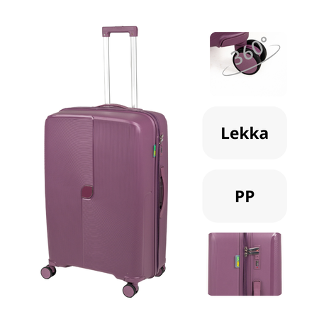 Duża walizka fioletowa na kółkach – elegancka, trwała i lekka walizka podróżna do samolotu Wowbag 7918 L purple