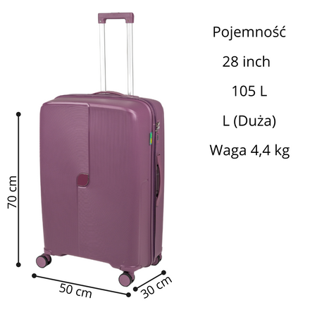 Duża walizka fioletowa na kółkach – elegancka, trwała i lekka walizka podróżna do samolotu Wowbag 7918 L purple