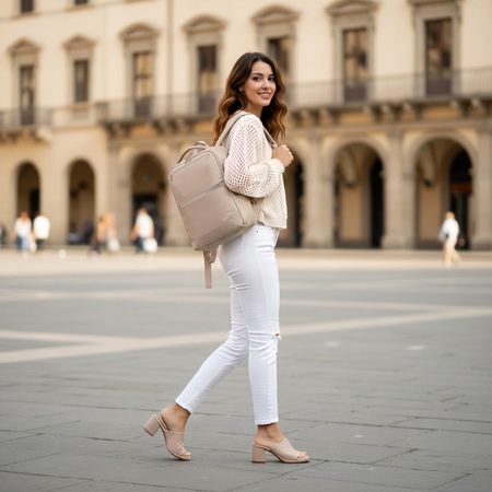 Plecak damski elegancki stylowy beżowy pojemny na laptopa wodoodporny nylon