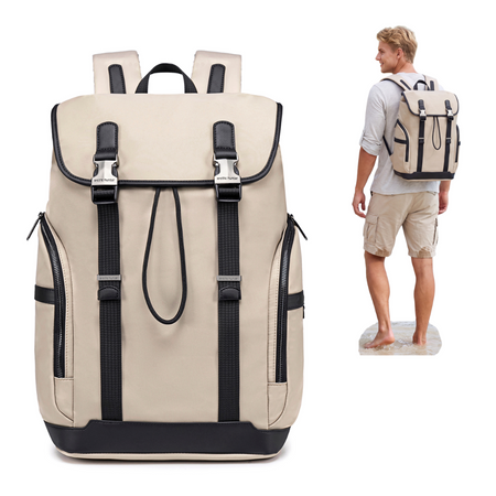 Plecak casual męski z klapą beżowy wiele kiszeni laptop 15,6 pojemny 18 L