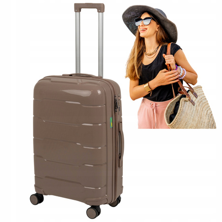 Walizka na kółkach beżowa – średnia, polipropylenowa, modna i trwała, komfortowa i elegancka  Wowbag 6910 M champagne