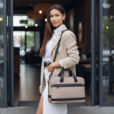 Torba na ramię w kolorze cappuccino stylowa elegancka do pracy laptop 15,6