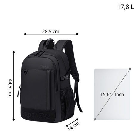 Czarny plecak miejski wodoodporny, 18 l, na laptop 15,6", do pracy, studiów i podróży. SUPER FIVE FB696 Black