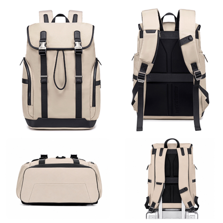 Plecak casual męski z klapą beżowy wiele kiszeni laptop 15,6 pojemny 18 L