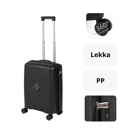 Walizka mała do samolotu czarna na kółkach, trwała i stylowa walizka podróżna z PP , pojemna 41 L Wowbag 7900 S black