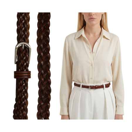 Pasek damski koniakowy skórzany cienki pleciony do spodni i sukienki