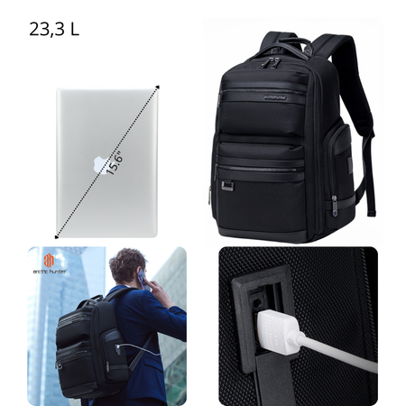 Czarny plecak miejski podróżny, 23,3 l, wodoodporny, na laptop 15,6", elegancki i pojemny. Arctic Hunter B00682 Black.