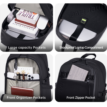 Czarny plecak miejski młodzieżowy, do pracy i podróży, 22 l, na laptopa 15,6", wodoodporny. SUPER FIVE FB700 Black.