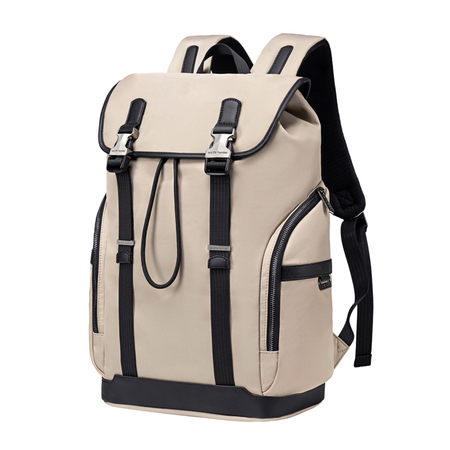 Plecak casual męski z klapą beżowy wiele kiszeni laptop 15,6 pojemny 18 L