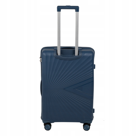 Walizka podróżna średnia ciemnoniebieska elegancka walizka na kółkach funkcjonalna 65L Wowbag 7905 M dark blue