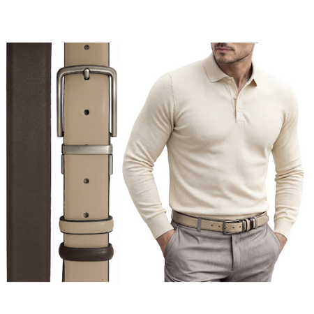 Pasek skórzany do spodni dwustronny beż brąz elegancki klasyczny premium