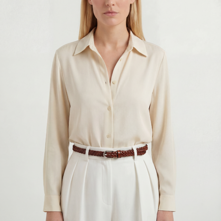 Pasek damski koniakowy skórzany cienki pleciony do spodni i sukienki