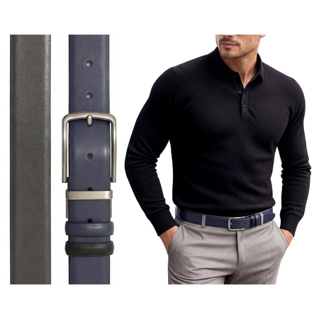 Męski pasek skórzany do spodni dwustronny czarny granat klamra obrotowa