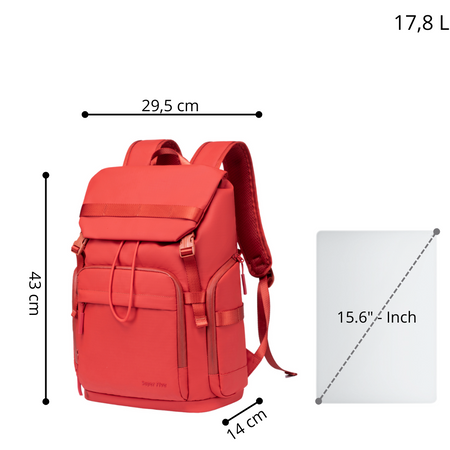 Czerwony plecak miejski młodzieżowy, wodoodporny, na laptopa 15,6", 17 l, dla aktywnych kobiet. SUPER FIVE FB723 Red