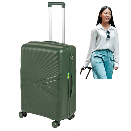 Walizka średnia ciemnozielona elegancka walizka podróżna na kółkach lekka i trwała 65L Wowbag 7905 M dark green