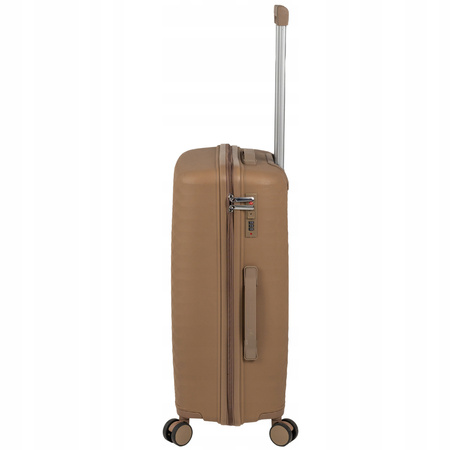 Walizka do samolotu średnia beżowa funkcjonalna walizka podróżna 74L lekka i solidna Wowbag 7900 M champagne