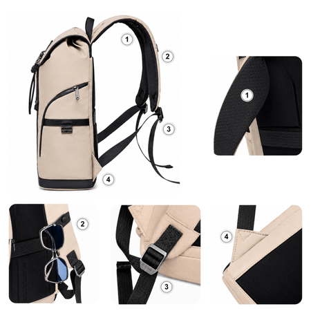 Plecak casual męski z klapą beżowy wiele kiszeni laptop 15,6 pojemny 18 L