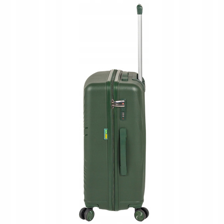 Walizka średnia ciemnozielona elegancka walizka podróżna na kółkach lekka i trwała 65L Wowbag 7905 M dark green