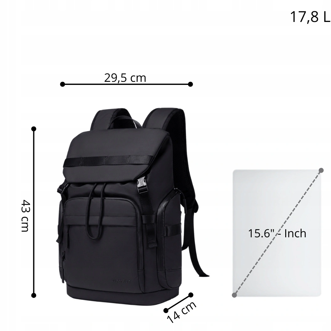 Czarny plecak miejski młodzieżowy, wodoodporny, na laptopa 15,6", 17 l, z wieloma kieszeniami. SUPER FIVE FB723 Black. pol_pl_Czarny-plecak-miejski-mlodziezowy-wodoodporny-na-laptopa-15-6-17-l-z-wieloma-kieszeniami-SUPER-FIVE-FB723-Black-217_5