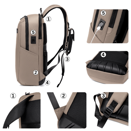 Plecak męski beżowy miejski na co dzień z USB wejściem do pracy na studia B00915 khaki