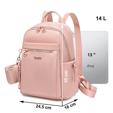 Damski plecak mały pudrowy na Ipad tablet 13” z odpinanym etui na akcesoria