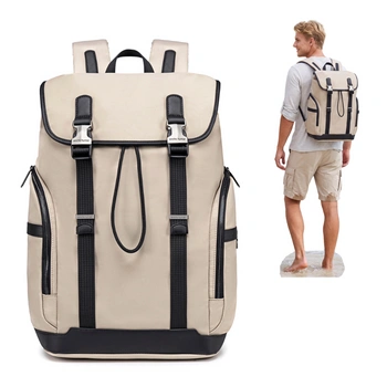Plecak casual męski z klapą beżowy wiele kiszeni  laptop 15,6 pojemny 18 L