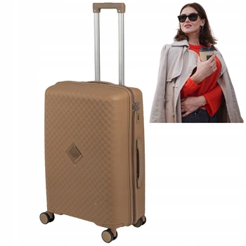 Walizka do samolotu średnia beżowa funkcjonalna walizka podróżna 74L lekka i solidna Wowbag 7900 M champagne