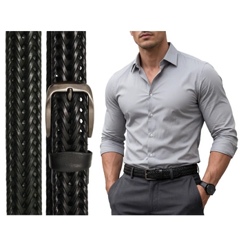 Pasek męski czarny skórzany pleciony do spodni klasyczny casual elegancki